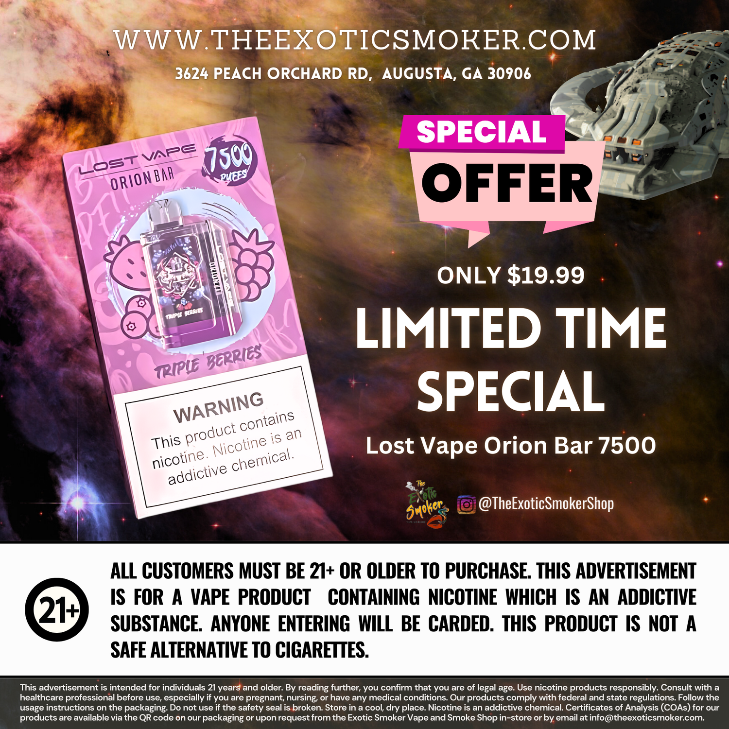 The Exotic Smoker Vape and Smoke Shop in Augusta, GA Lost Vape Orion Bar 7500 Limited Time $19.99 Special for customers 21 and over. 