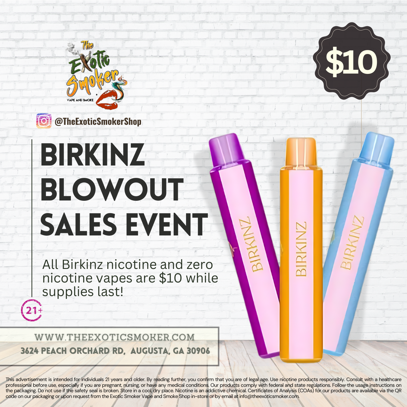 The Exotic Smoker Vape and Smoke Shop - Augusta - Georgia - Birkinz Blowout Sales Event displaying Birkinz vapes