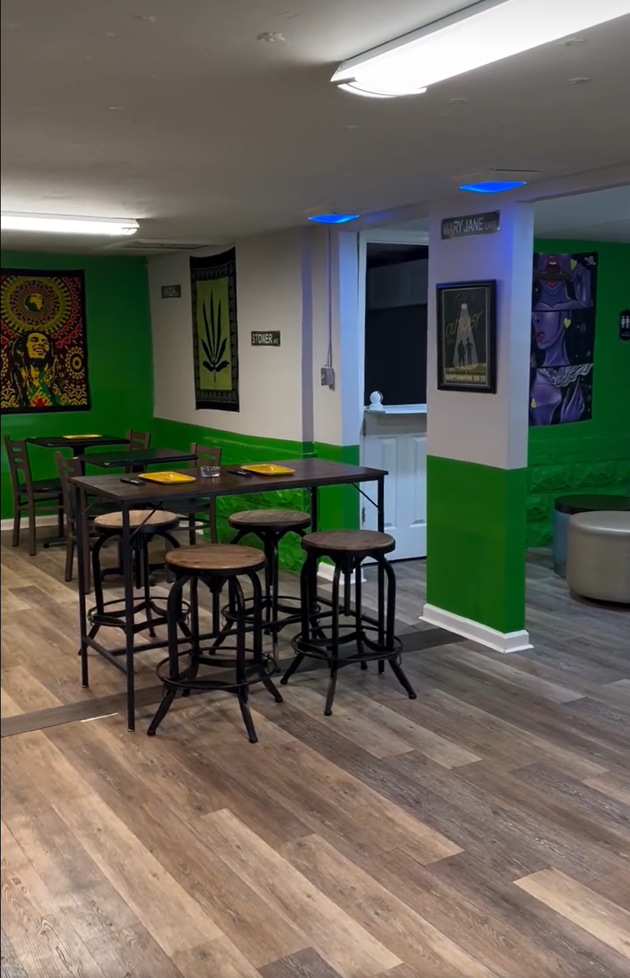 The Exotic Smoker Vape and Smoke Shop - Rental Venue 2 - Augusta event venue with wooden stools and tables on a wooden flooring